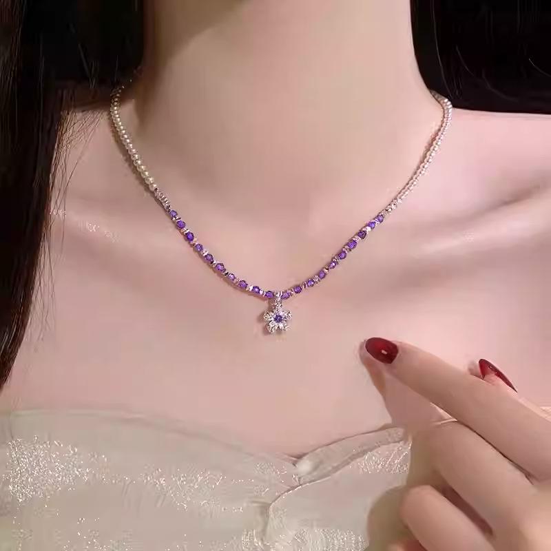 Glass, pearl, broken silver, zircon flower pendant, necklace, accessories, high-end fashion collarbone chain, new items.