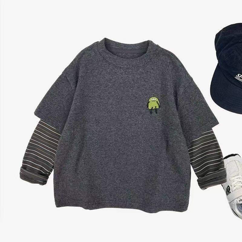 

2026 Girls Korean Style Striped Long-Sleeve Cartoon T-Shirt for Medium and Older Children - Spring & Autumn 90 чорний колір сірий