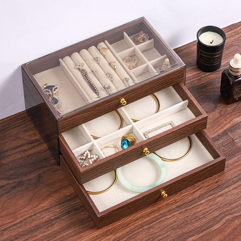 

New walnut pattern three-layer drawer jewelry storage box ring earrings earrings necklace bracelet jewelry storage box червоний