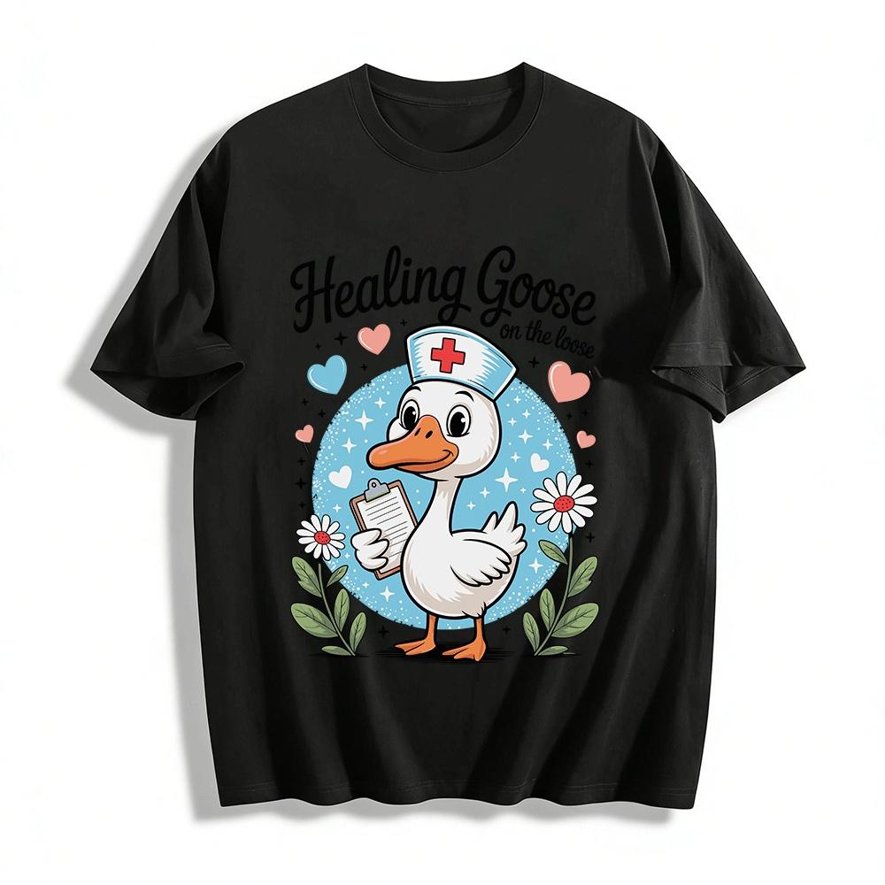 

Healing Goose On The Loose Cute Nurse Goose Graphic Tee Pure cotton T-shirt XXS