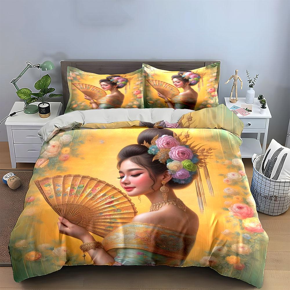 Floral, Fan, Elegant Portrait. Bedding Sets Duvet Cover Sets Duvet Covers Pillowcases(1 * Duvet Cover 2 * Pillowcases Without Duvet Insert)