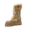 Hairy snow boots women's winter thick-soled brown velvet knight boots warm medium tube strap two wear cotton boots winter models