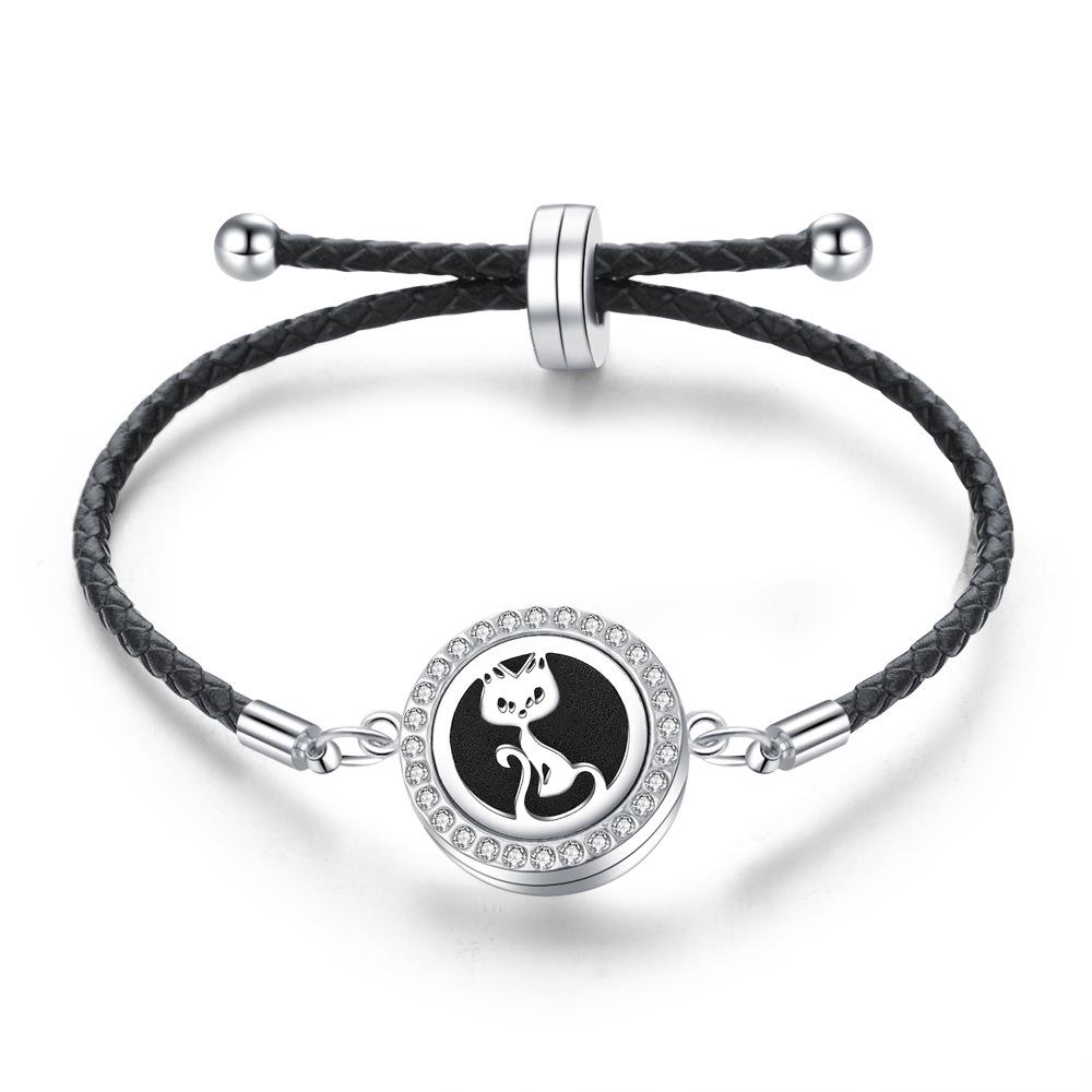Stainless Steel Tree of Life Aromatherapy Bracelet with Diamonds and Leather Band