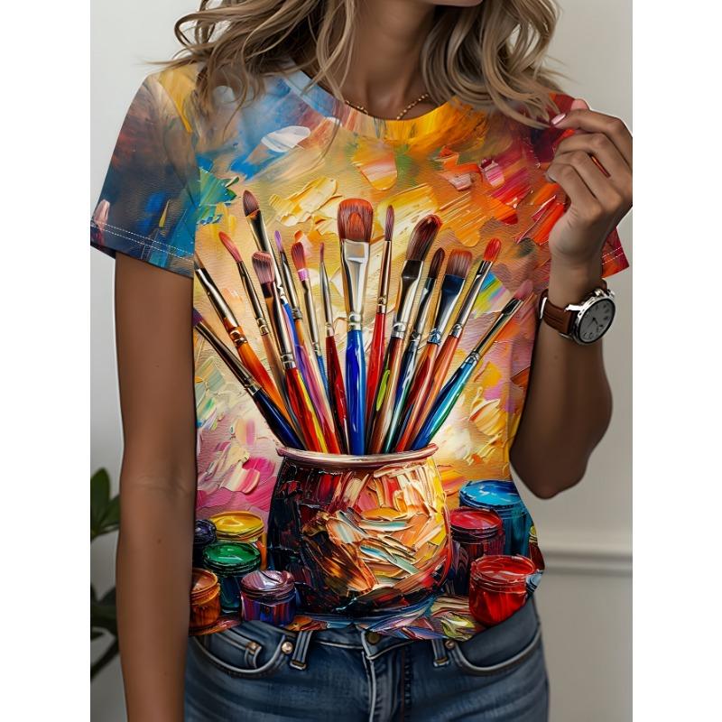 

Brush and paint can graphic print T-shirt, color collision explosion, fashionable and casual round neck T-shirt, Women s clothing S