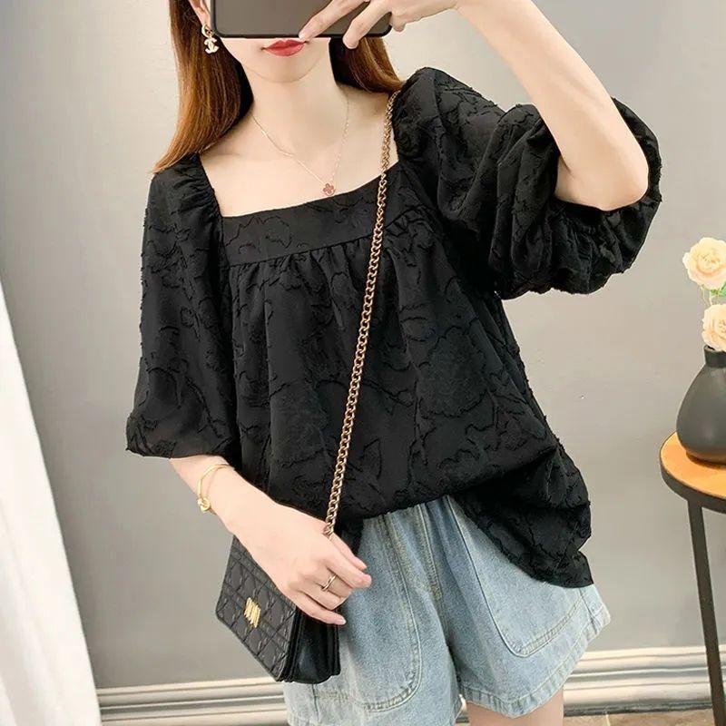 Trendy Summer Plus Size Chiffon Shirt Loose Bubble Sleeve Short Sleeve Top Hide Belly Flowy