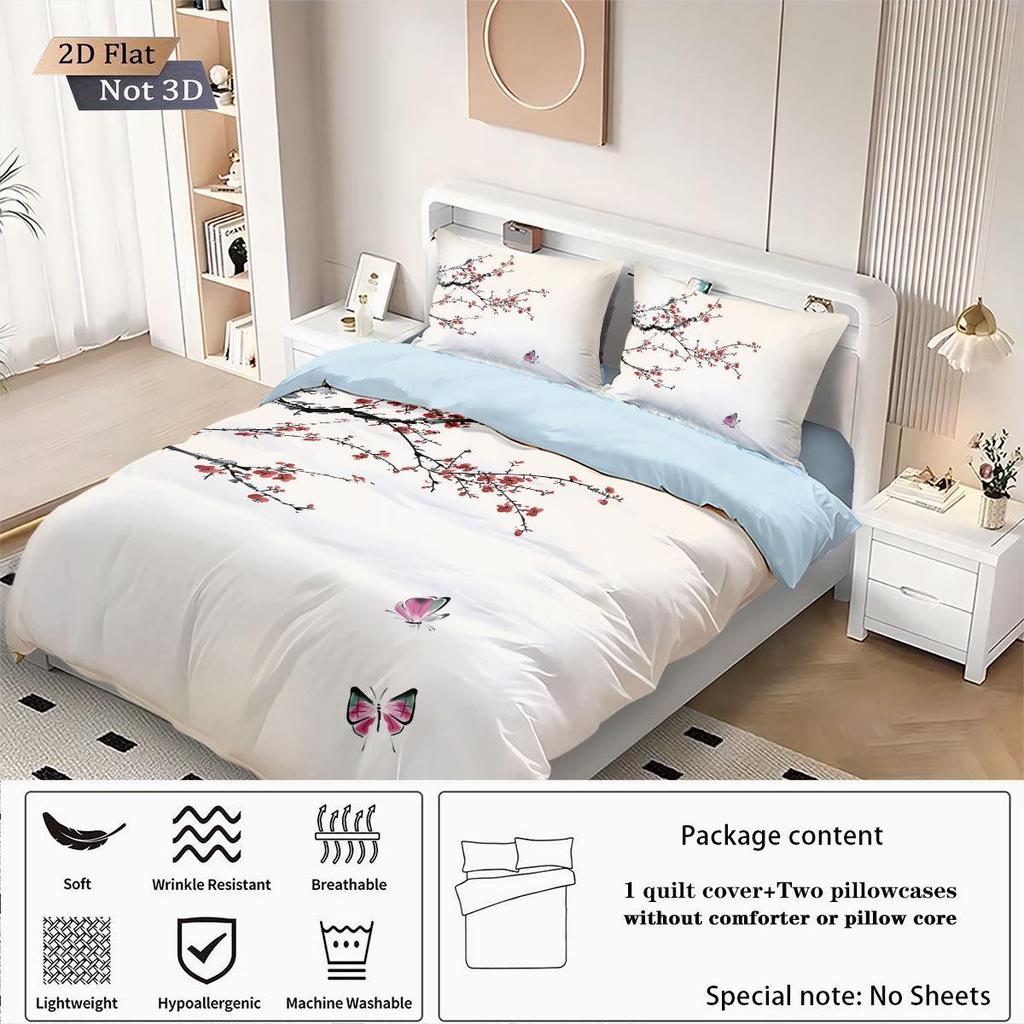 Three-Piece Pink Plum Blossom Brushed Duvet Cover Bedding Set - Custom Patterns Available