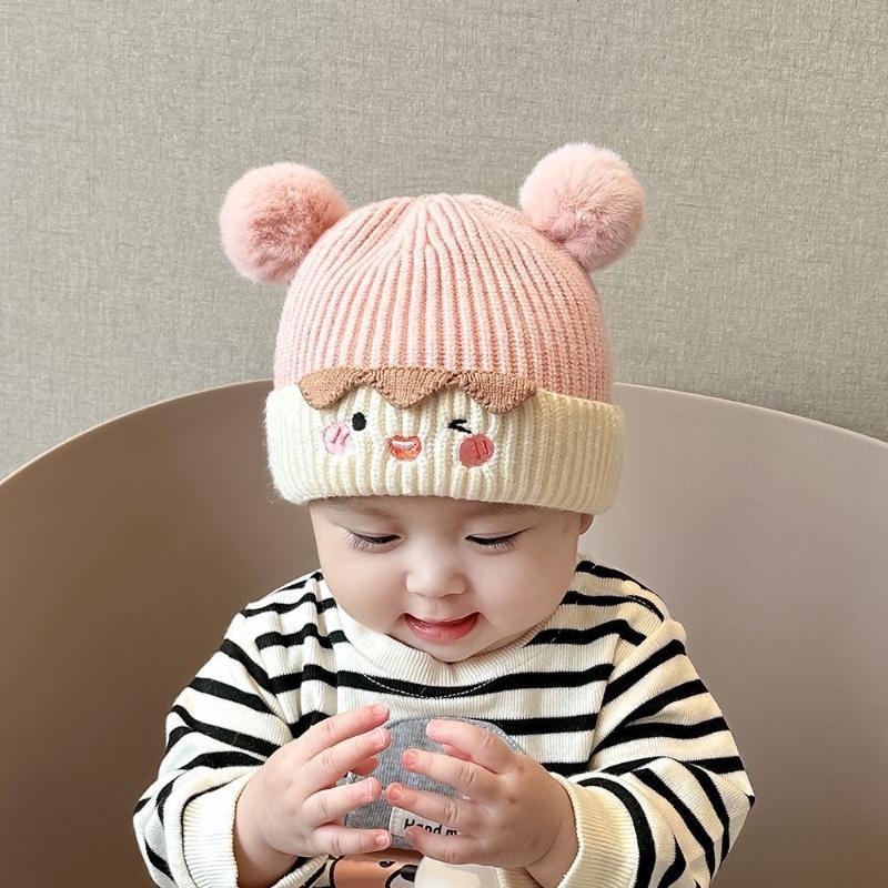 Cute Bear Knitted Baby Hat Warm Ear Protection Soft Pom Poms For Autumn Winter Daily Wear