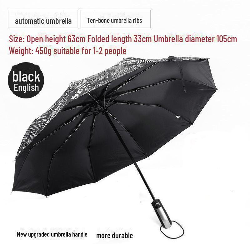 Pánský retro černý skládací slunečník – Unisex, vzor novin.