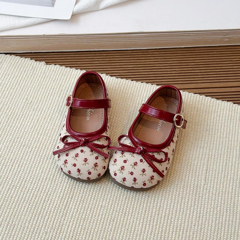 Spring Girl's Mary Janes Flower Bowknot Hook-loop Sweet Kid's Flat Shoe Solid Colors Chic Charming Daily Children Shoes 4-6Y
