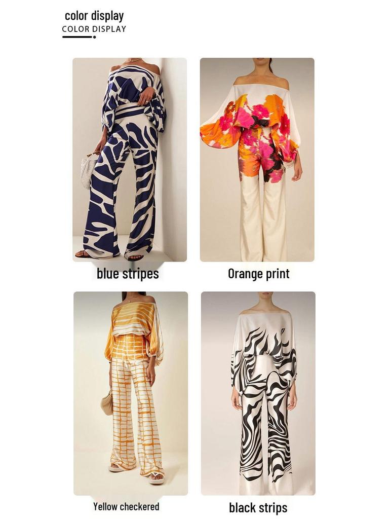 European & American Women's Print Top & Wide-Leg Pants Set with Batwing Sleeves