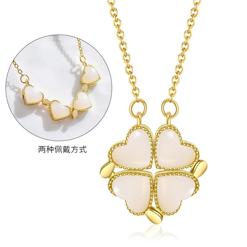 Captivating Titanium Steel Four Leaf Clover Heart Necklace Enhanced With Gold For A Dazzling Look
