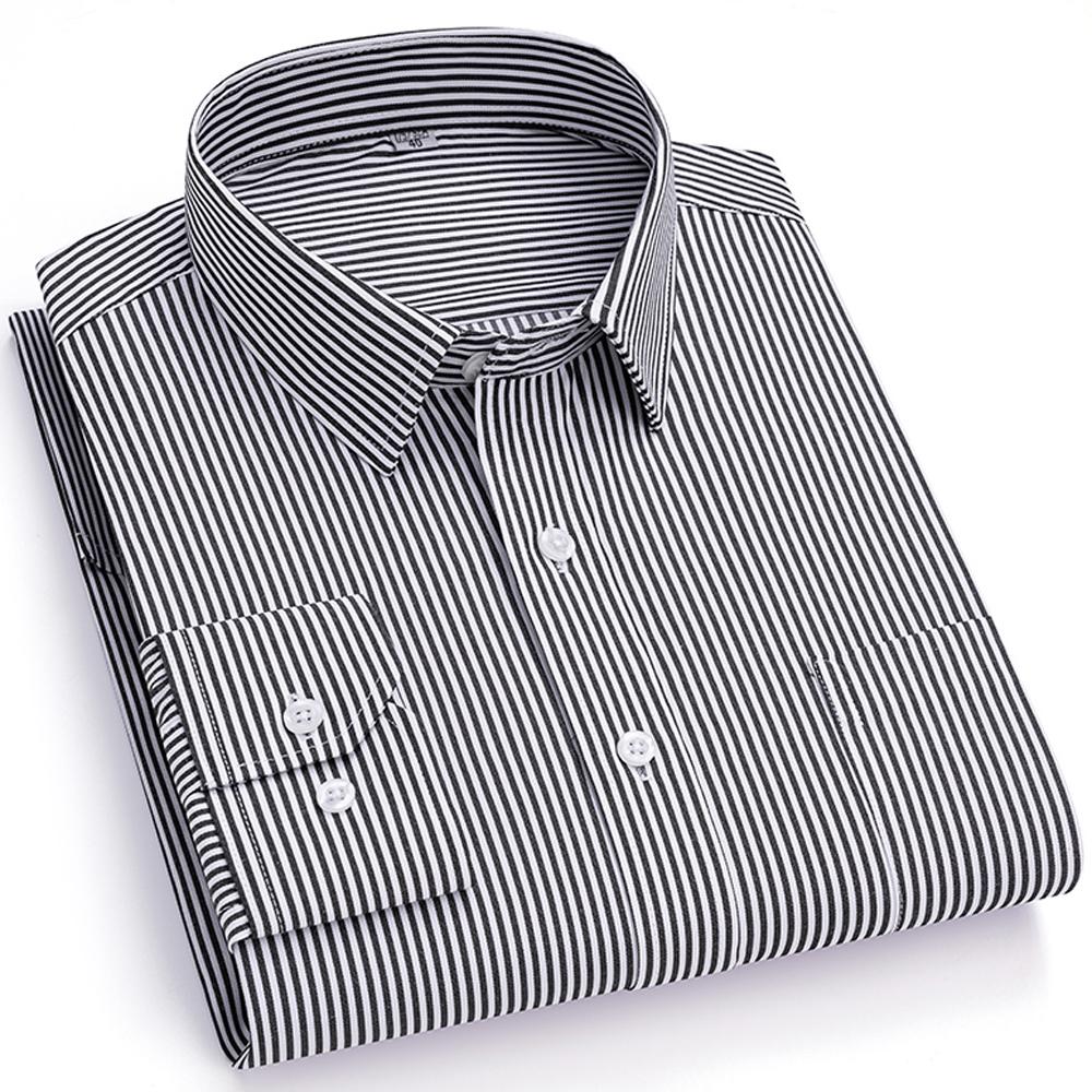 Men's Spread Collar Long Sleeve Striped Dress Shirt with Chest Pocket - Classic Business Formal for Office & Professional Wear