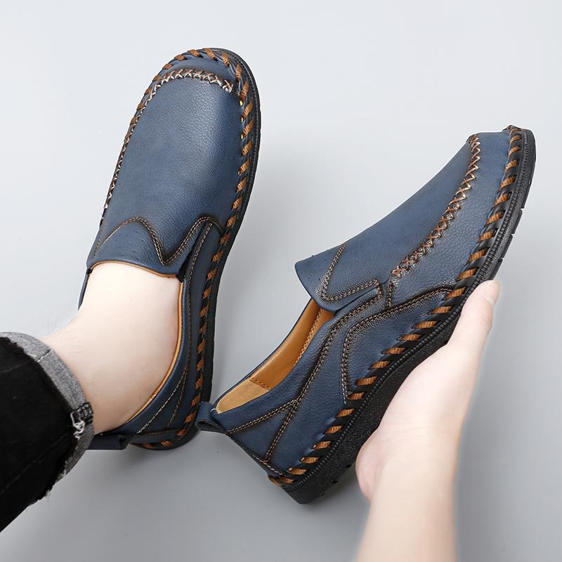 Men Brown Slip on Moccasins Hiking Shoes Black Flats Driving Shoes Blue Handmade Casual Wide Head Shoes Plus Size