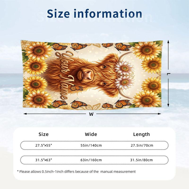 Cow Highland Theme Beach Towel Personalized Custom Name & Text Soft Quick Dry Beach Towel for Swimming Travel