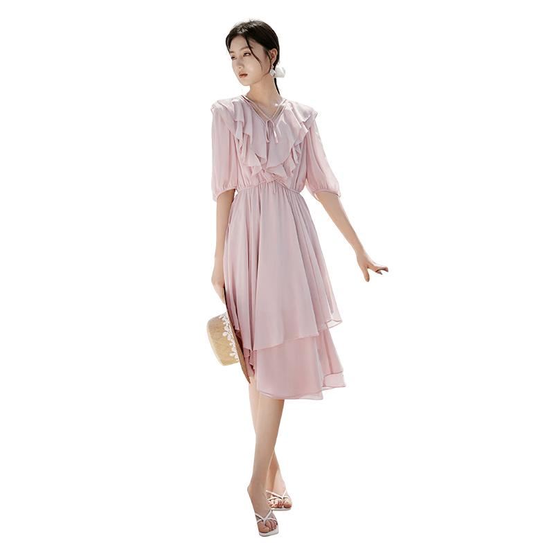 Xiangying V-Neck Chiffon Ruffle Dress M