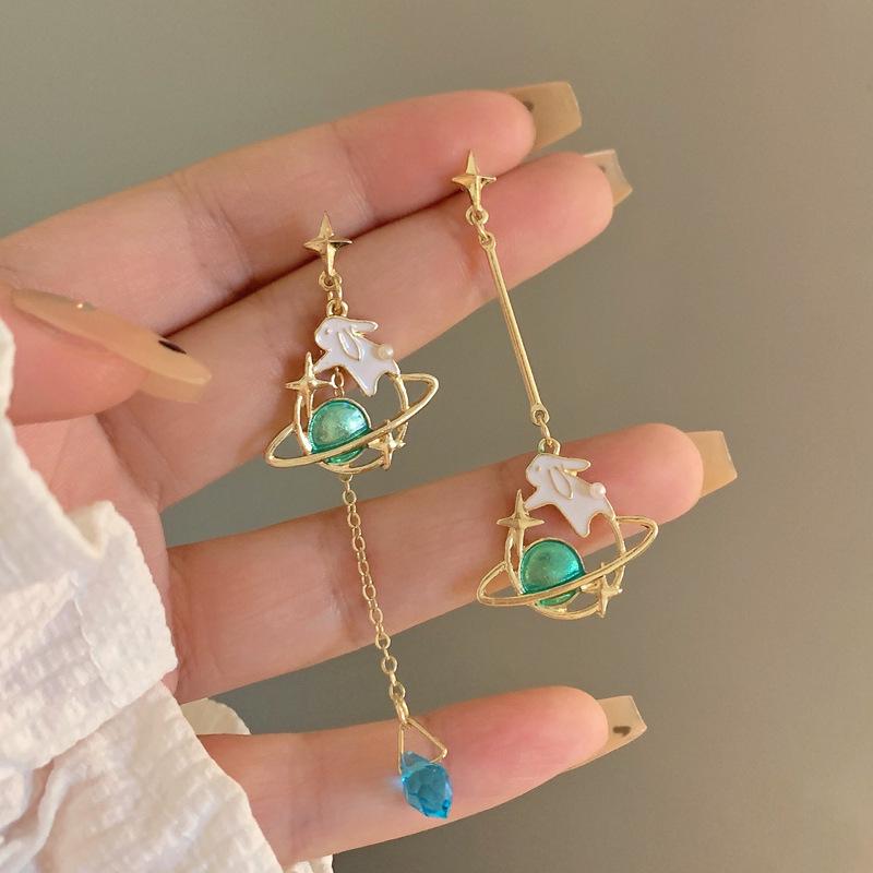 S925 Sterling Silver Planet Tassel Earrings with Cute Rabbit Design