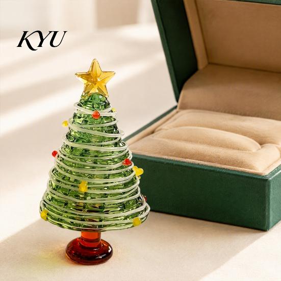 Miniature Xmas Tree Figurine Glazed Christmas Figurine, Colorful Decor, Handcrafted Glass Craft for Display Table Centerpiece Home Office Holiday