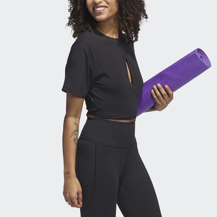 Adidas Yoga Studio Solid Color Hollow Front Short Sleeve T-Shirt Women Tops Black HS8115