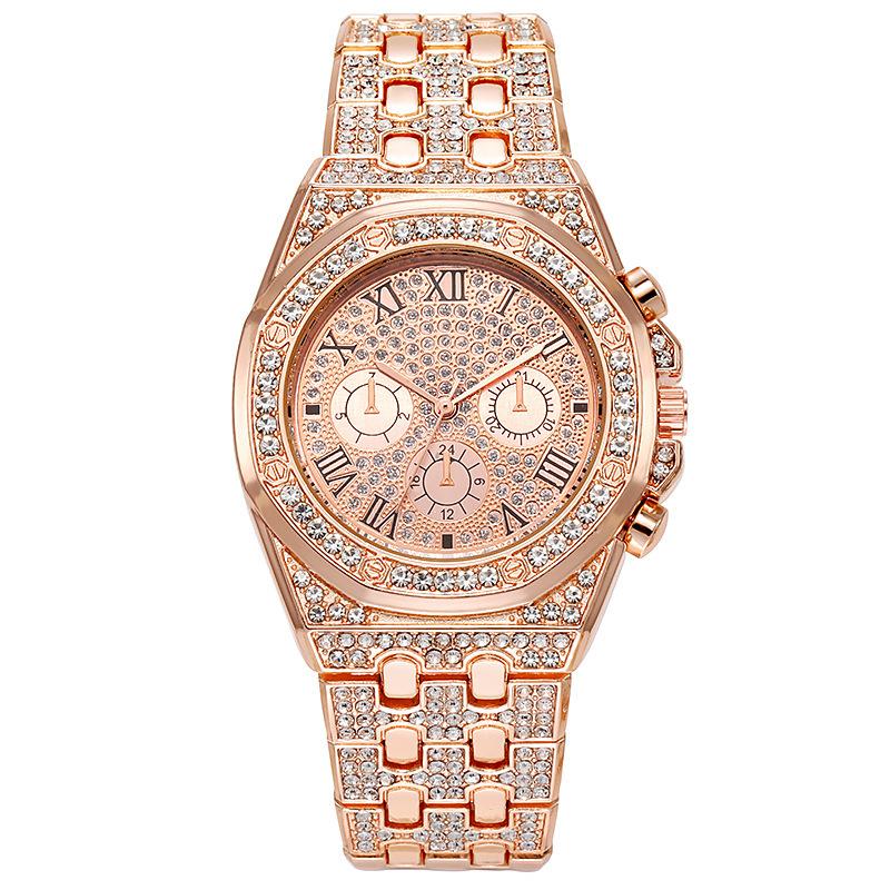 Trendy Baby'S Breath Steel Strap Diamond Encrusted Men'S Women'S Watch Full Diamond Three-Eye Roman Numeral Quartz Watch