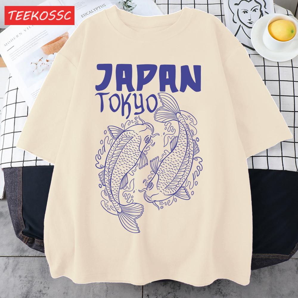 Japan Tokyo Harajuku Koi Print T Shirts Men Summer Cotton TShirt Hip Hop Loose Streetwear Unisex AllMatch Casual Clothing