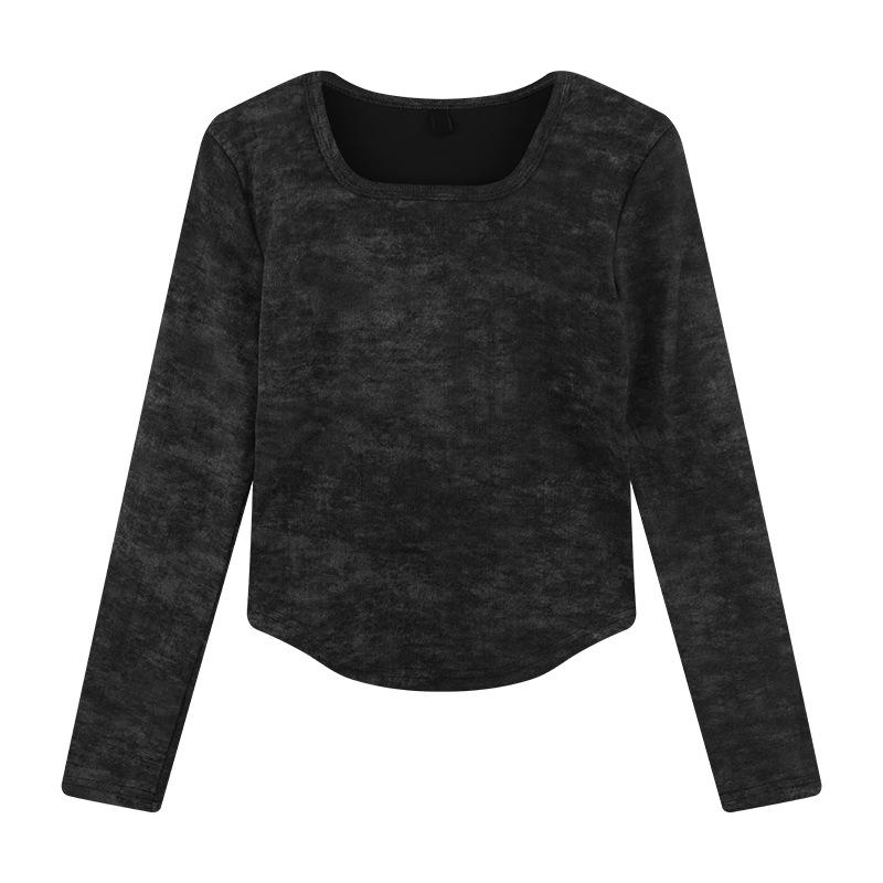 

French Square Neck Tie-Dye Thickened Long-Sleeve T-Shirt for Autumn and Winter S
