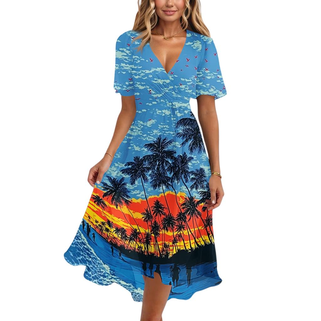 Women V Neck Short Sleeve Casual Dress Hawaiian Print Midi Length Summer Beach Dress with Flowing Skirt