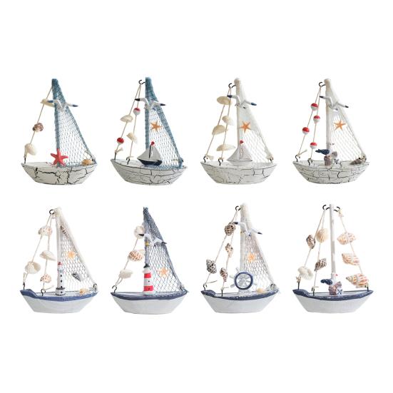 Nautical Wooden Sailboat Models Coastal Beach Style Blue White Ship Tabletop Figurine for Home Living Room Office Farmhouse Decor