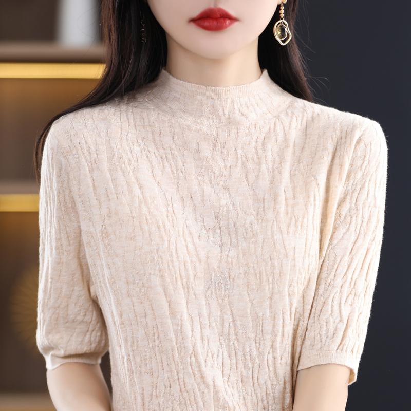 Women Knit T-shirt Summer Knitted Shirt Short Sleeve Tees Spring Pullover Knit Tops