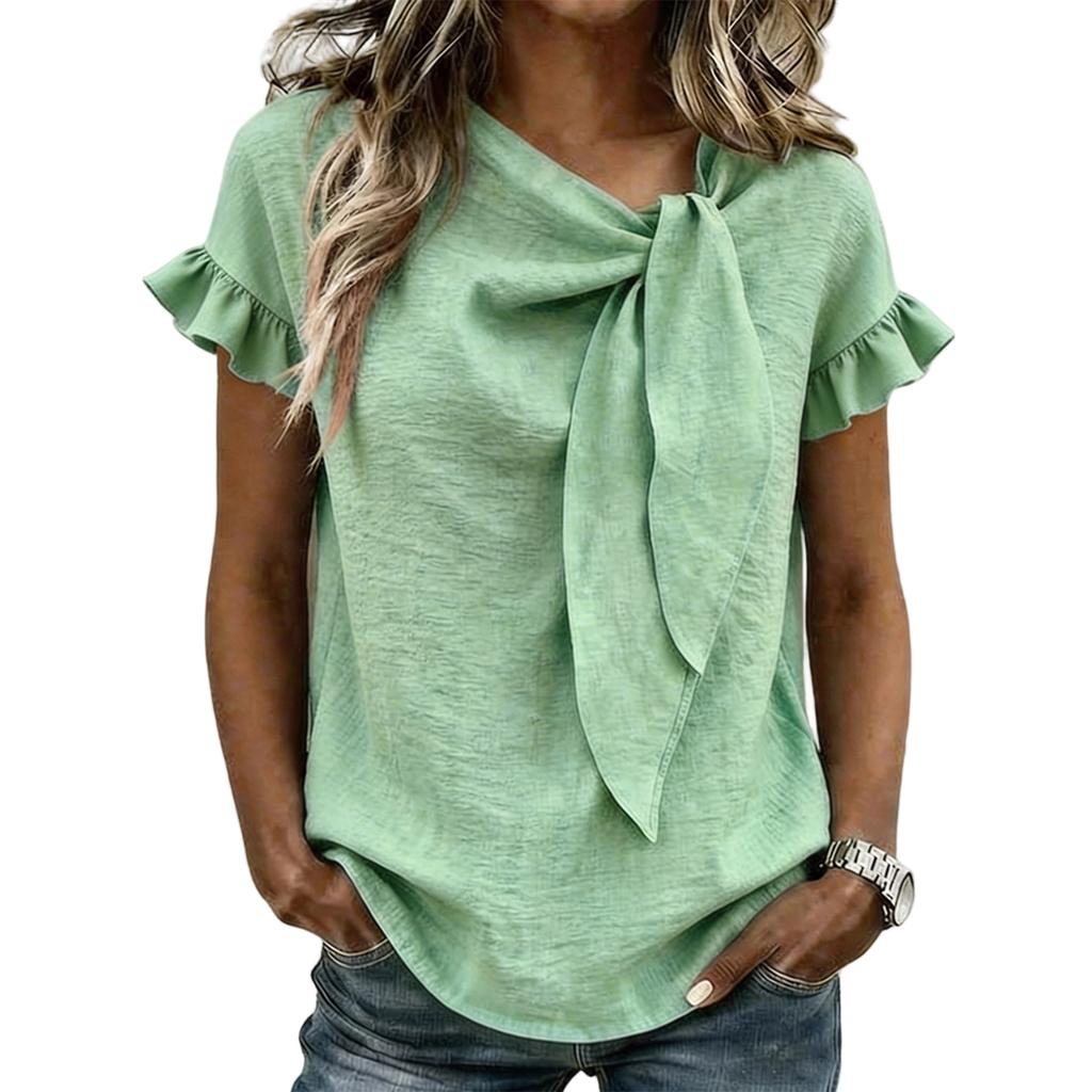 Women Short Sleeve Blouse with Ruffle Sleeves and Front Tie Knot Casual Loose Fit Top for Daily Wear