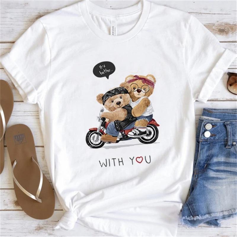 Cute Little Bear Print TShirt Summer Trend White Short Sleeve Neck Casual Sports Aesthetic Clothes Womens Graphic T Shirts