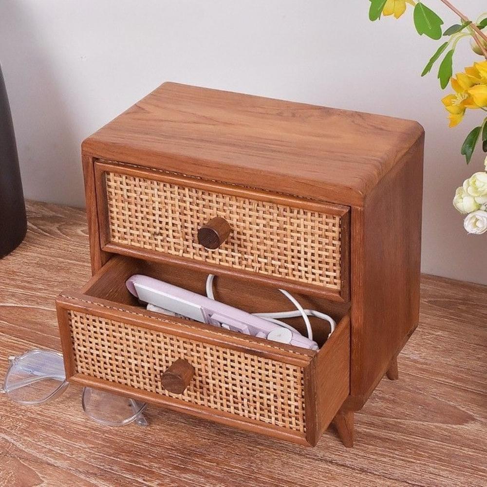 Retro-Stil Weinreben-Geflecht Organizer-Boxen Handgefertigte Schmuckschatulle Schreibtisch Massivholz Abnehmbarer Make-up-Organizer Heimdekoration Box