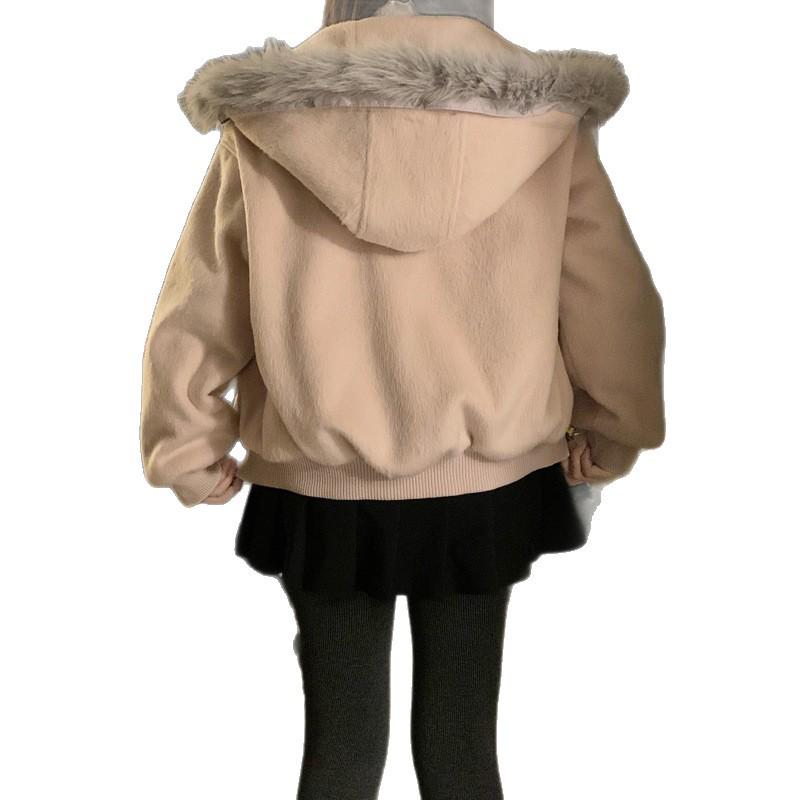 Korean Style Pink Bowknot Fur Hooded Cotton Padded Baseball Jacket Women's Autumn/Winter Coat
