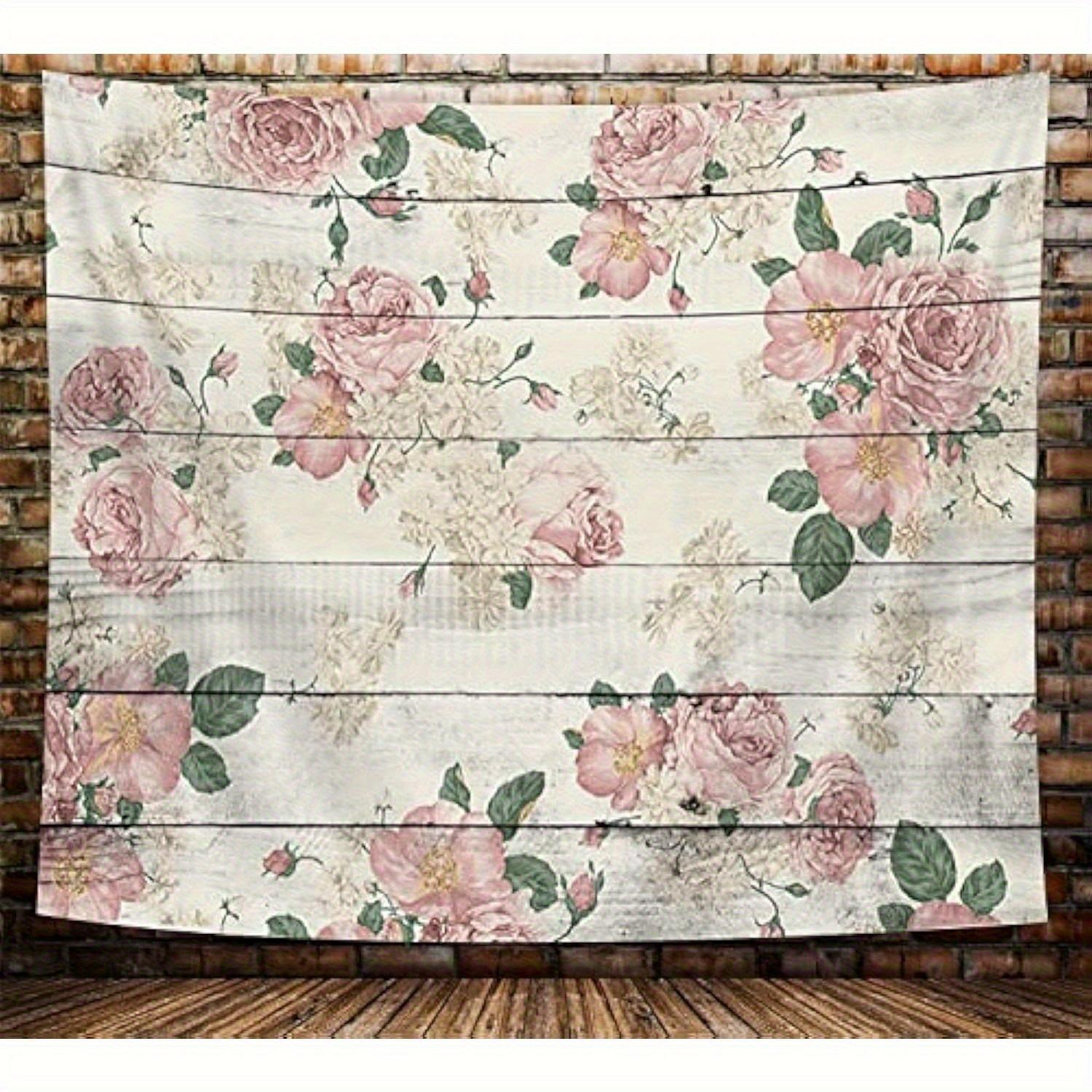 1 Vintage Floral Rose Tapestry - Pink roses and green leaves on beige background, soft peachy light beige polyester fabric 70X100cm