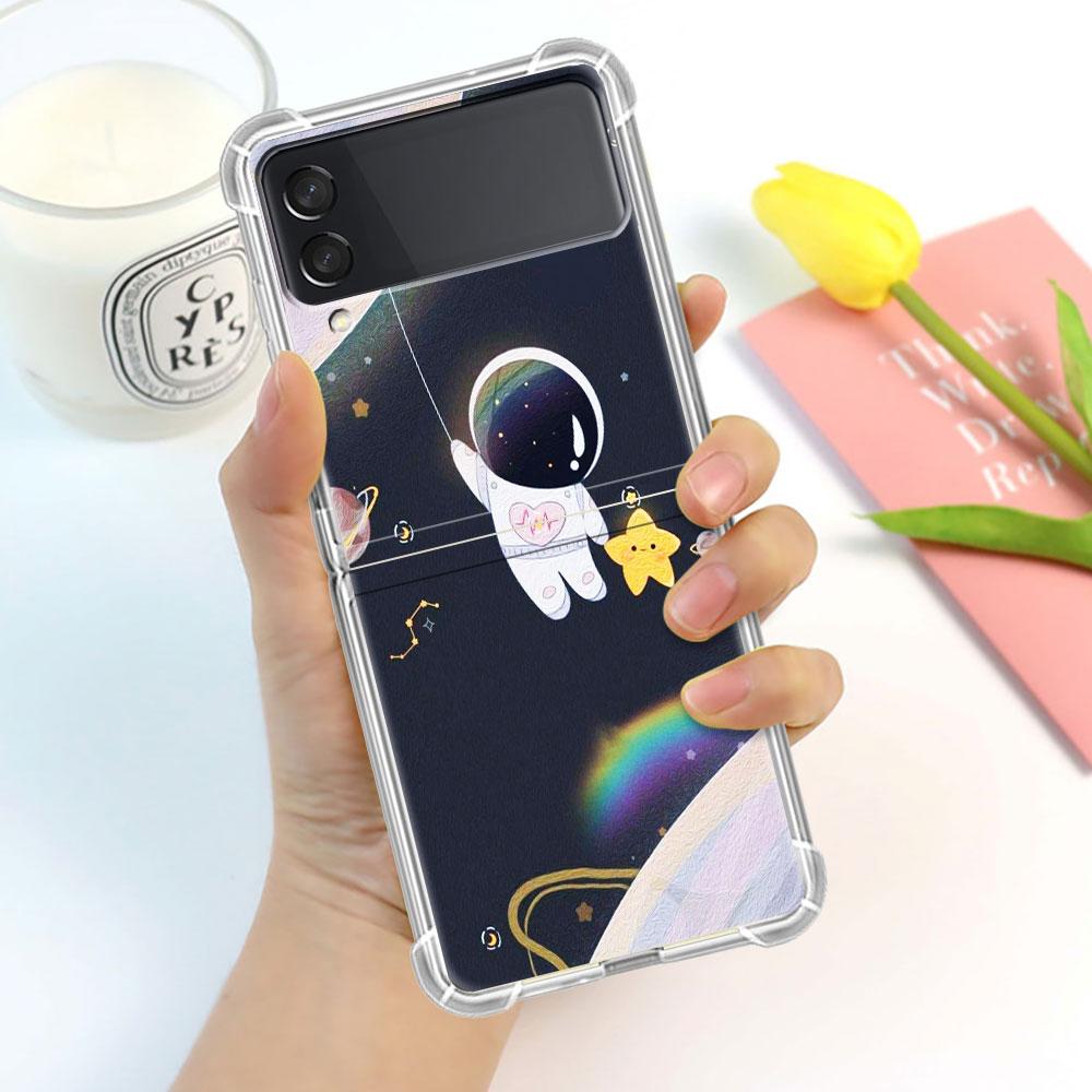 Luxury Case For Samsung Galaxy Z Flip 3 4 5G Funda Z Flip3 Clear PC Hard Shockproof Back Phone Coque Shell Astronaut Universe