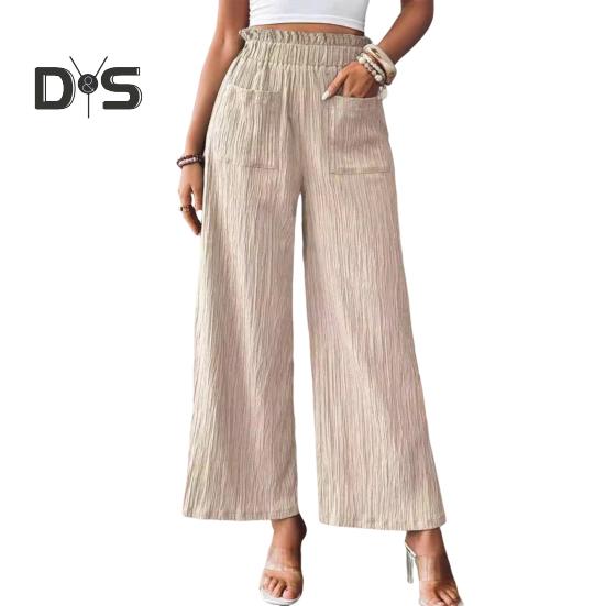 Women Summer Pants Elastic High Waist Casual Trousers with Pockets Solid Color Wrinkles Loose Fit Pants
