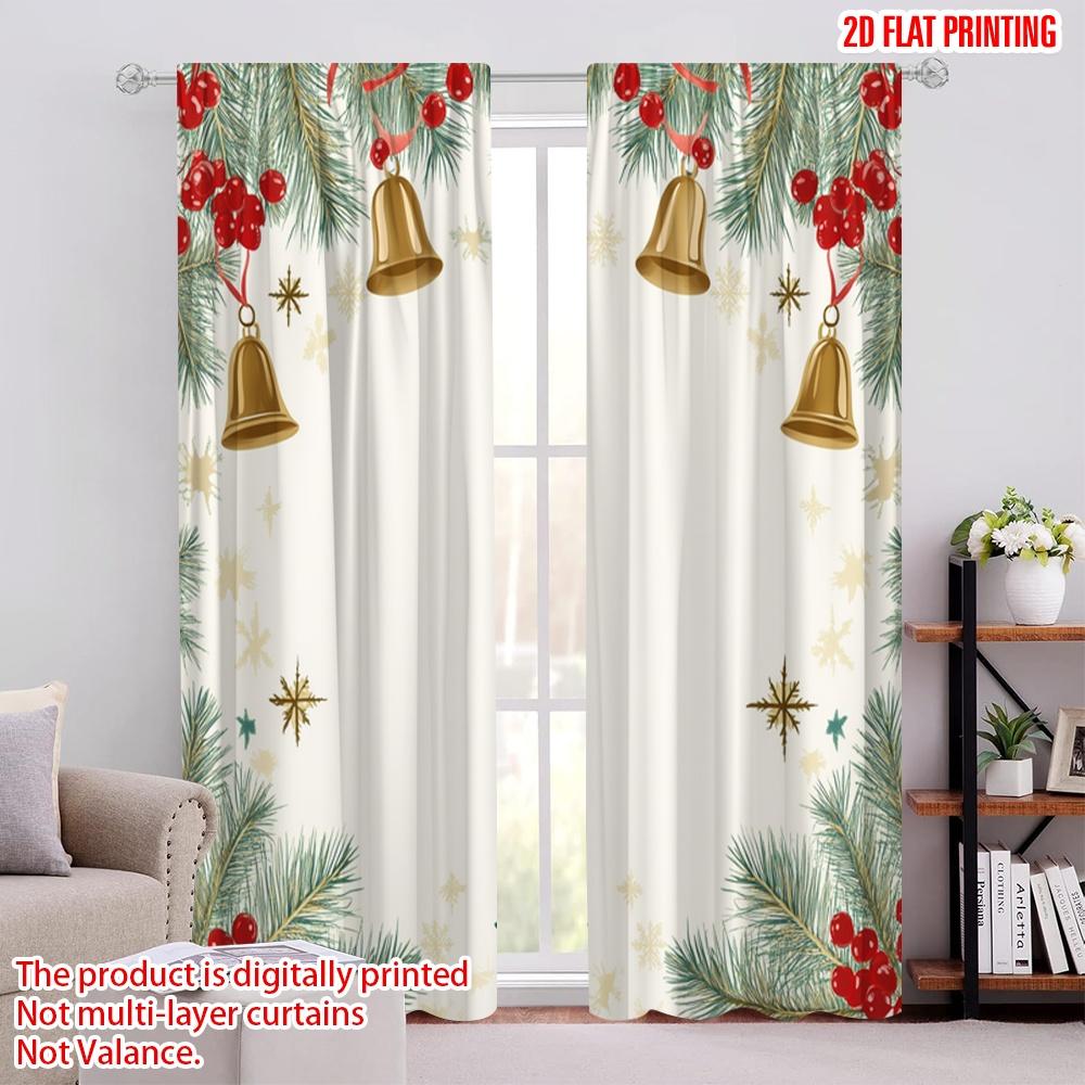2pcs,2D Plane Printing Curtains Digital Printed Christmas Bells Stars Holly (3) Durable 100% Polyester Fabric (without Rod)