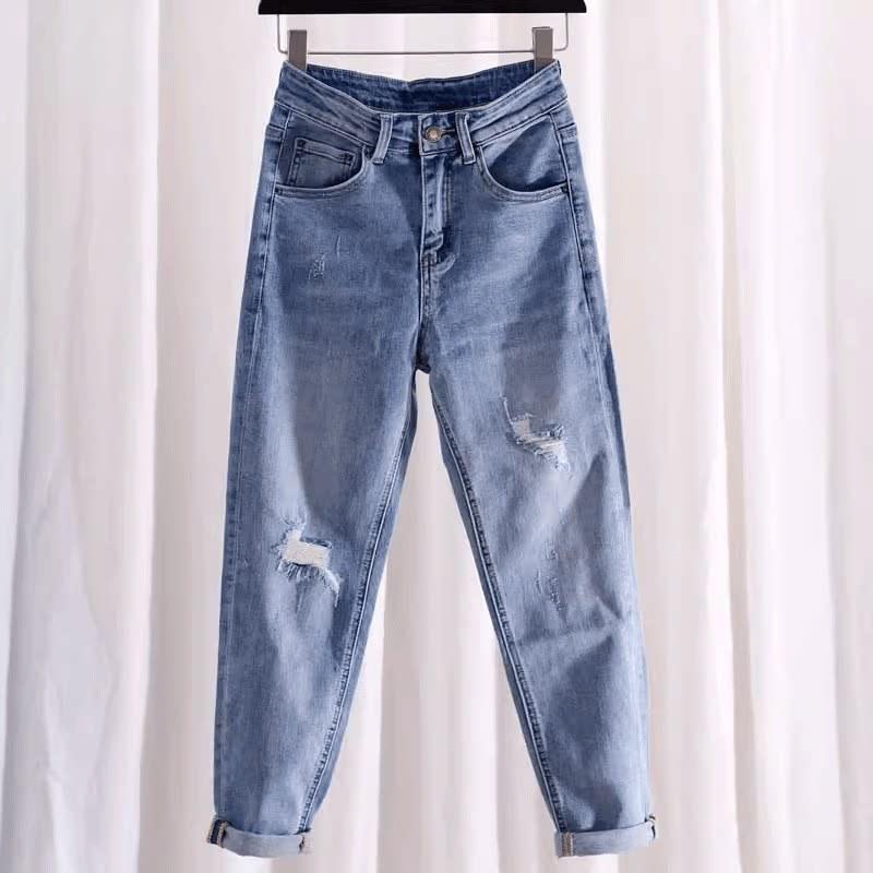 Unisex High-Waisted Korean Style Ripped Jeans: Slimming Nine-Point Harem and Small Leg Fit, 2026 Casual Fashion.
