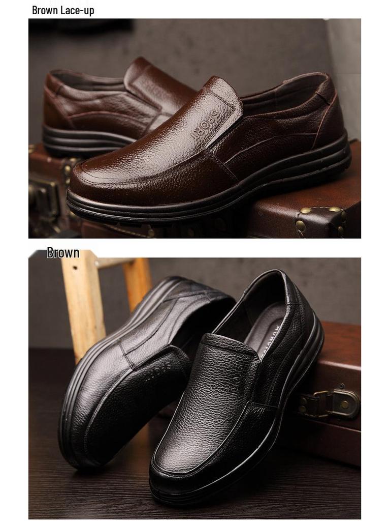 Herrskor i mjukt läder, avslappnade oxläderskor för pappa - Vårkollektion, mjuk sula, affärsmässig rund tå (Modell 9886)