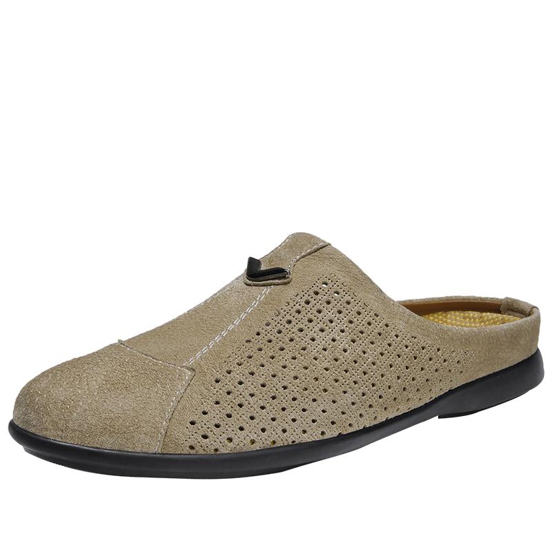 

Новые мокасины с открытыми носками для мужчин, повседневные кожаные полутапочки для мужчин, дышащие мужские тапочки, летняя дизайнерская мужская обувь 44 хаки
