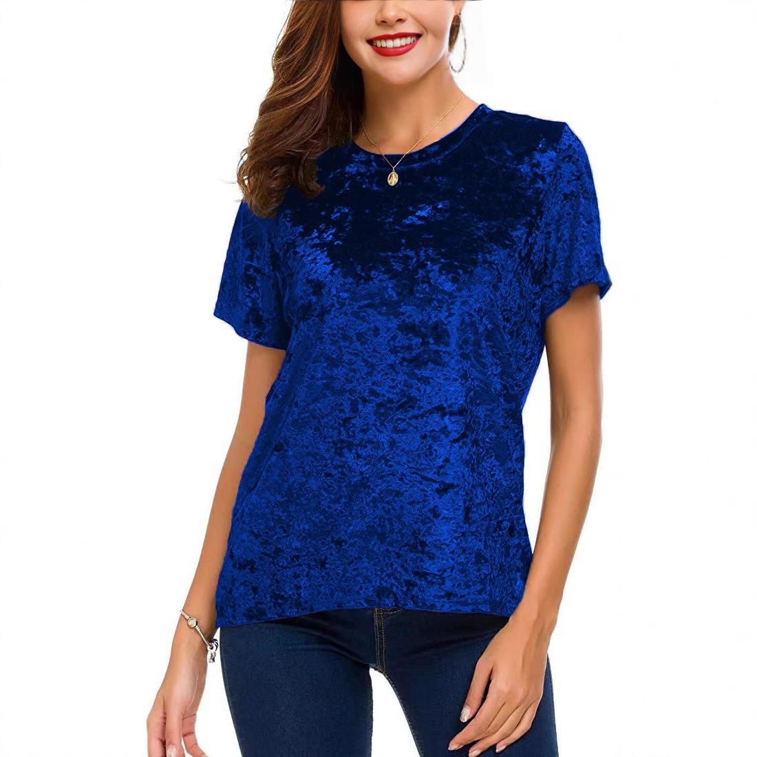 

Женская футболка, летняя, однотонная, повседневная, с коротким рукавом, круглым вырезом, золотистая, бархатная футболка XXL синий