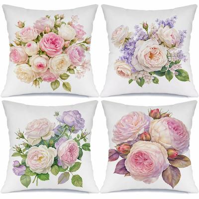 Pink And Purple Rose Theme Digital Printing Pillow Cover Short Plush Suitable Living Rooms Bedrooms Sofas Throw Cushion Cover