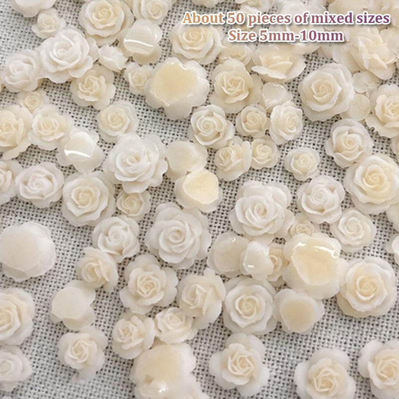 50Pcs Diy Nail Art Decor 3D Rosa Chinensis Flower Rose Flower Nail Drills Mixed Size Camellia Flower Nail Drill Manicure Design