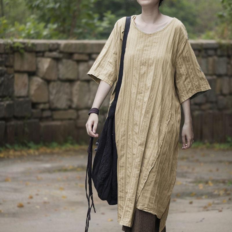 

Johnature Women Vintage Dresses O-Neck Short Sleeve Summer Soft Irregular Female Dress One Size