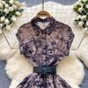 Women's Lapel Collar Vintage Midi Shirt Dress Summer Runway Pleated Short Sleeve Retro Jungle Print Belt Ladies Midi Dresses