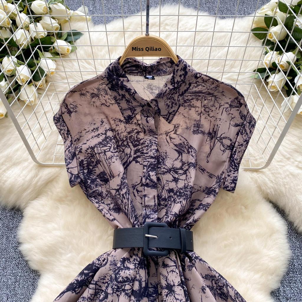 Women's Lapel Collar Vintage Midi Shirt Dress Summer Runway Pleated Short Sleeve Retro Jungle Print Belt Ladies Midi Dresses
