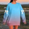 Women's Graduated Print Bow Round Neck Long Sleeve Loose Pullover Sweatshirt T-Shirt
