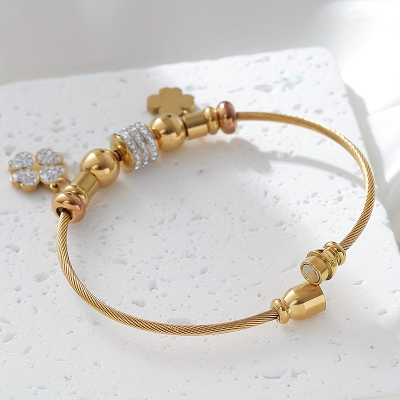 Bracelet bracelet chanceux trèfle à quatre feuilles en acier inoxydable plaqué or 18 carats, orné de strass, bijoux porte-bonheur style bohème, adapté pour