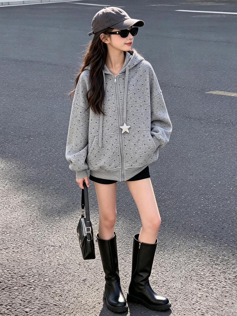 American Casual Star Print Hooded Jacket for Girls - 2026 Autumn Collection - Loose Fit Zipper Sweatshirt for Big Kids