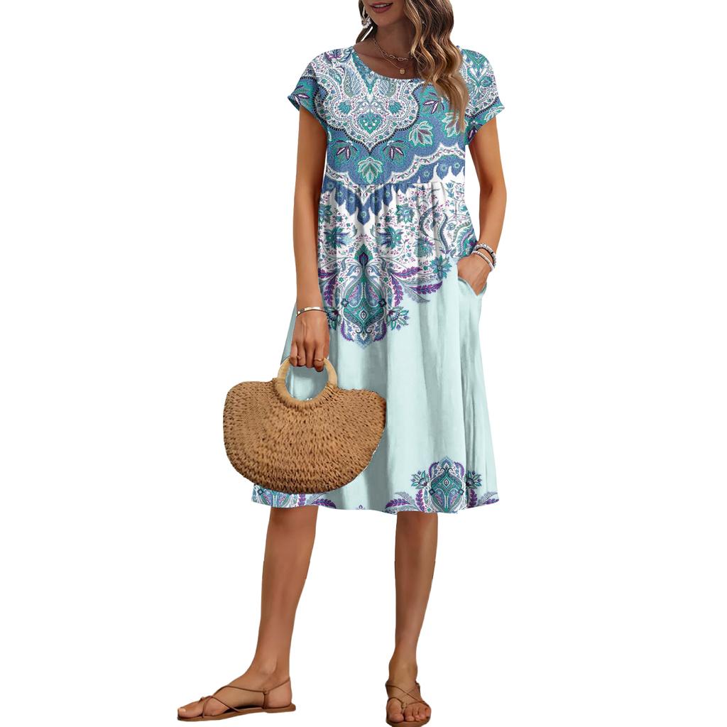 Women's Summer Fashion Casual Round Neck Short Sleeve Vintage Print Dress