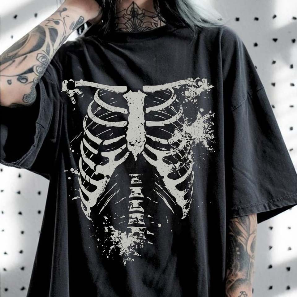Grunge Gothic Skeleton Ribcage Print T-shirt Unisex Soft Cotton Short Sleeve Oversized Loose Dark Punk Alternative Street Tees